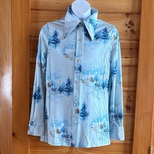 VTG Youth Knit Editions by Ship n Shore Wide Collar Boat/Beach Print Blue Shirt